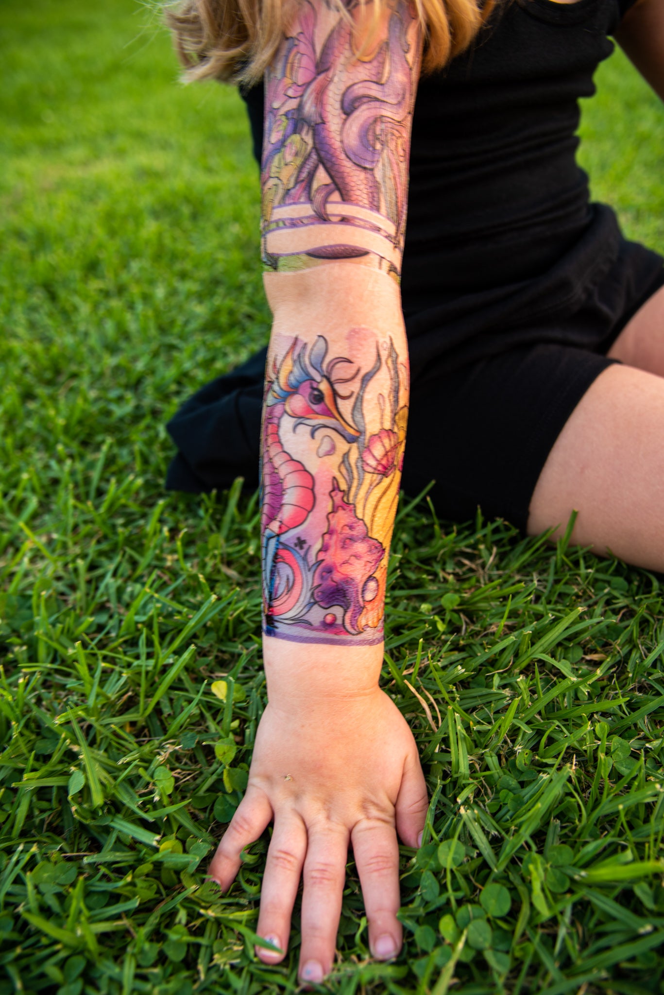 Under the Sea Full Sleeve Tattoo - fantasy full sleeve girl Kate Shevtsova Mermaid mermaids nautical nautical girl neo-traditional seahorse seashell shells full sleeve temporary tattoo for kids