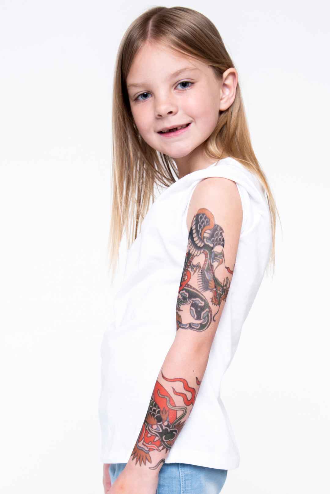 Warrior Full Sleeve Tattoo - Asian boy Chinese Dragon Faire full sleeve Japanese Live Phil Hatchet Yau traditional YGroup_all full sleeve temporary tattoo for kids