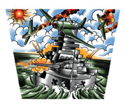 Lower sleeve design of temporary tattoo depicting military planes on a navy ship.