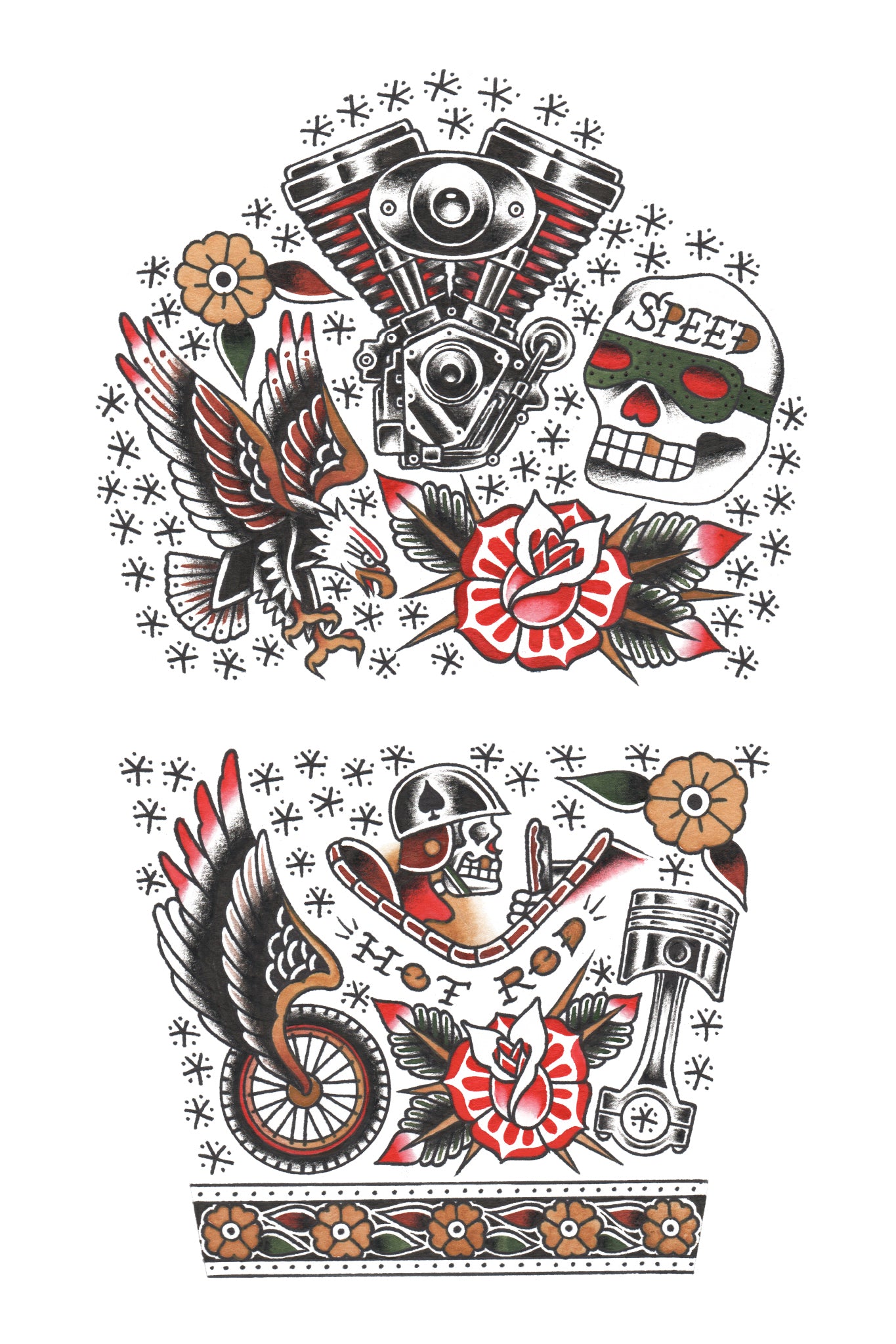Hot Rod Full Sleeve Tattoo - Temporary Kids Tattoo Sleeve - automotive boy Engine full sleeve hot rod motorcycle Phil Hatchet Yau rider traditional wheels full sleeve temporary tattoo for kids
