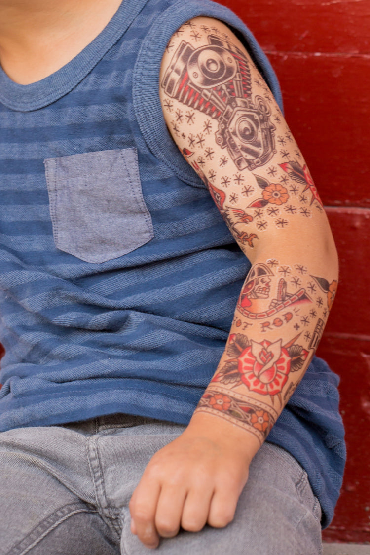 Hot Rod Full Sleeve Tattoo - automotive boy Engine full sleeve hot rod motorcycle Phil Hatchet Yau rider traditional wheels full sleeve temporary tattoo for kids