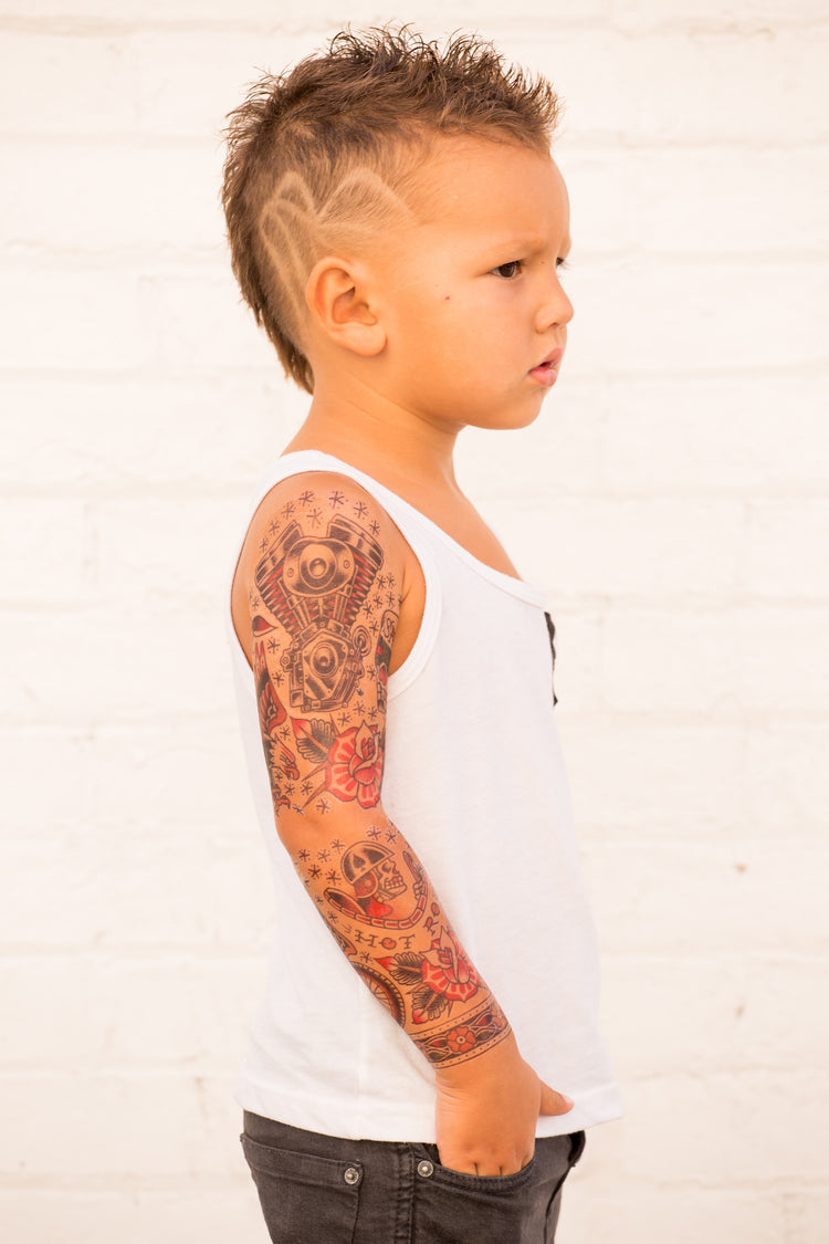 Hot Rod Full Sleeve Tattoo - automotive boy Engine full sleeve hot rod motorcycle Phil Hatchet Yau rider traditional wheels full sleeve temporary tattoo for kids