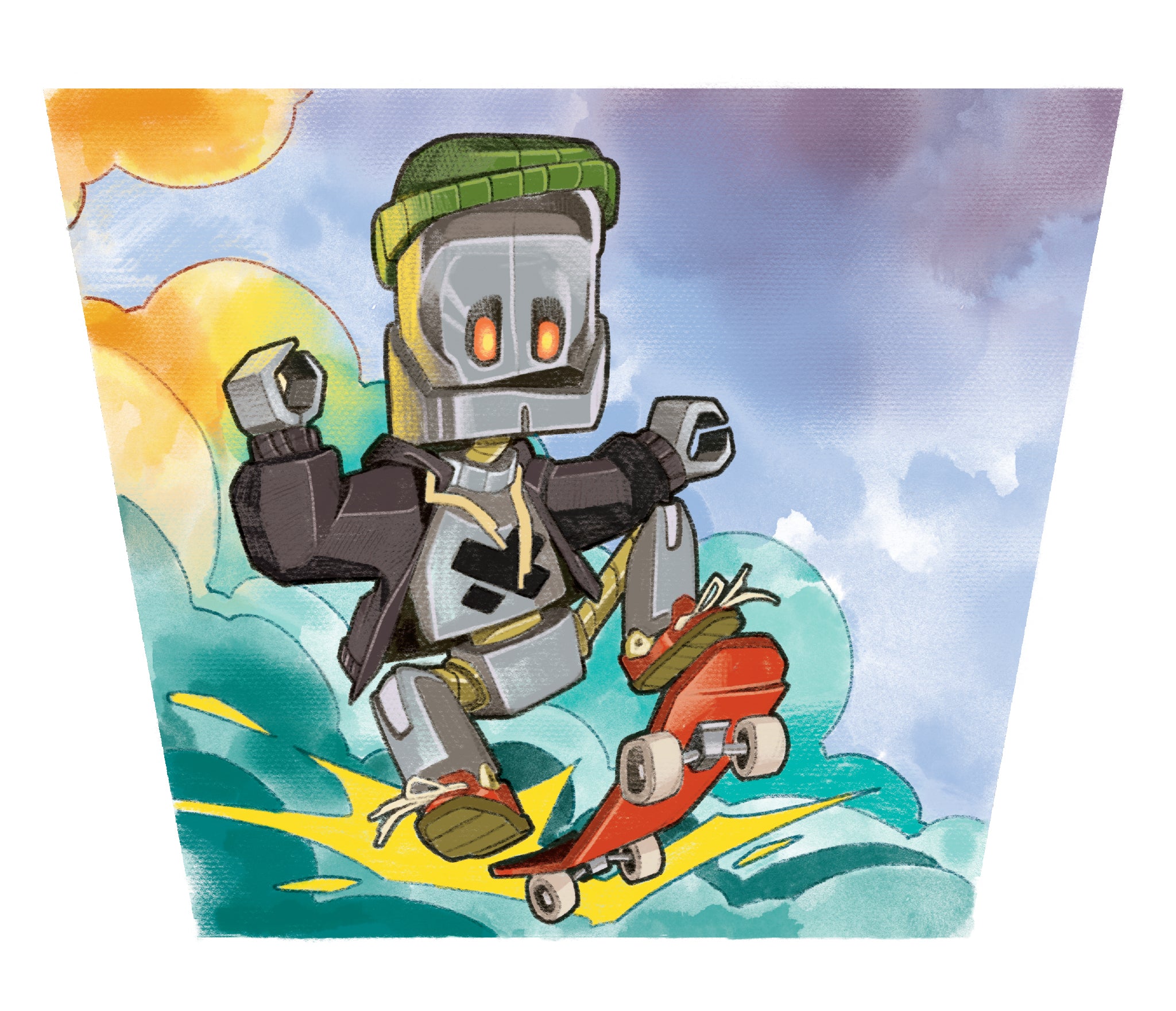This design shows a robot on a skateboard for our temporary tattoo sleeve for kids.